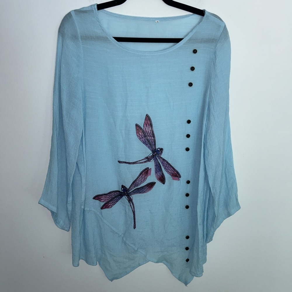 Dragonfly Boho Side Buttons Women's M Long Sleeve Flowy‎ Artsy Top Powder Blue